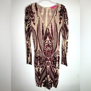Sheer sequin stretch bodycon midi sexy dress size Large nude burgundy party club
